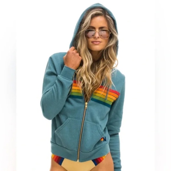 Aviator Nation Blue Hoodie with Rainbow Stripes - Picture 1 of 7
